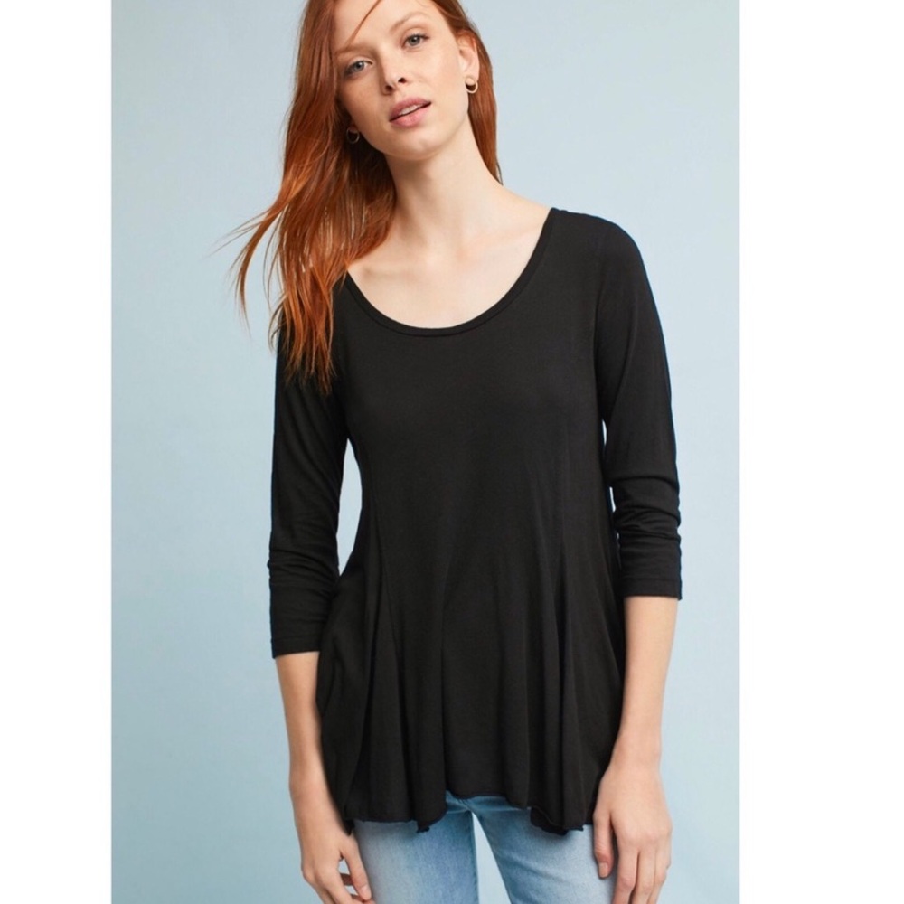 T.la Anthropologie Zandra Black Assymetrical Kerchief 3/4 Sleeve Top Tee Shirt